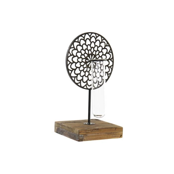 Svícen - 20 x 20 x 36 cm - Černé sklo - Kov - Hnědé dřevo