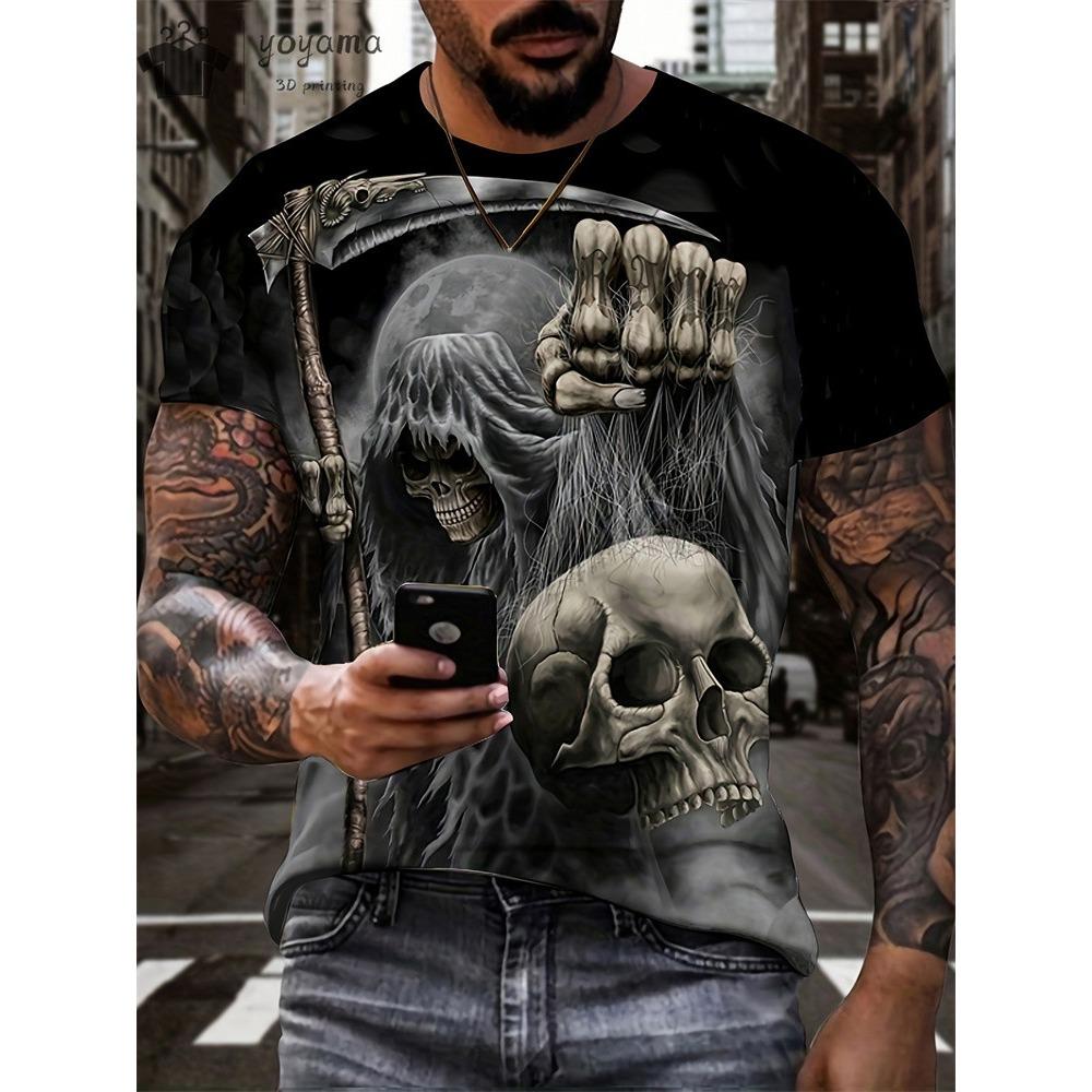 Skräckskalletryck för män T-shirt 3D-tryck Vintage o-halsad kortärmad mode överdimensionerade T-shirts Herr sommar streetkläder