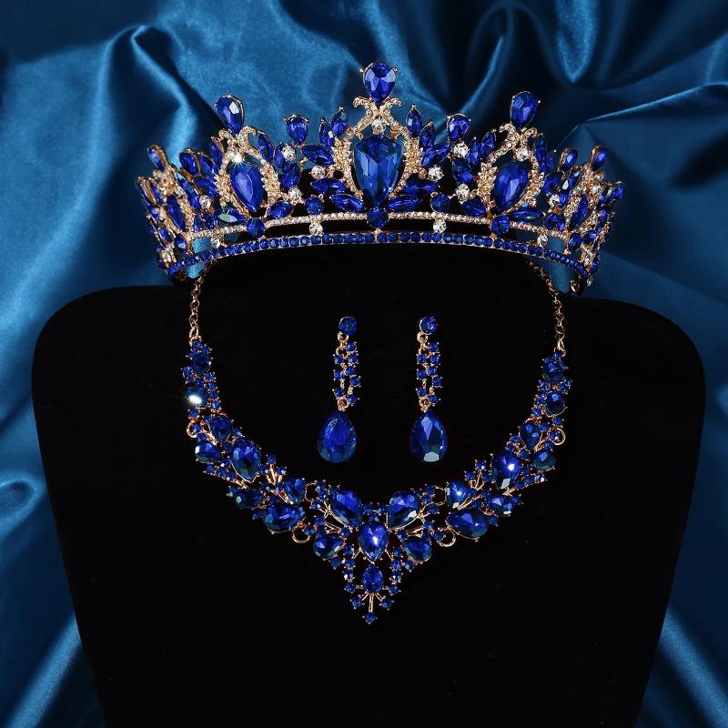 

Gorgeous Crystal Blue Bridal Jewelry Set Fashion Tiara Earrings Necklace Set for Women Wedding Crown Jewelry Set