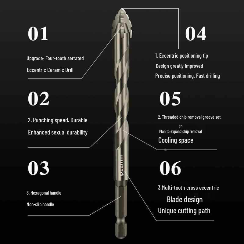 Durable Hexagonal Four-Flute Toothed Drill Bit for Ceramic, Cast Iron & Concrete