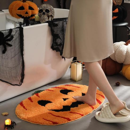 Halloween Welcome Doormat Half Circle Spider-Web Bat Skull Pumpkin Shape Floor Mat Non-Slip Entrance Mat for Front Door Porch Home Decoration