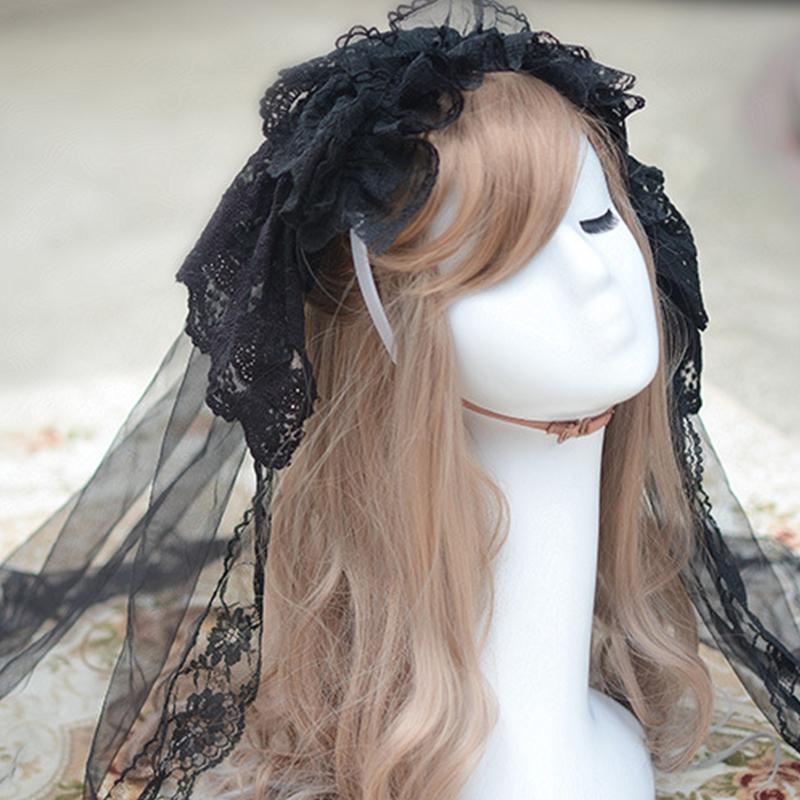 Vintage Brides Lace Veil Headdress Black White Lolita Veil for Outdoor Occasions