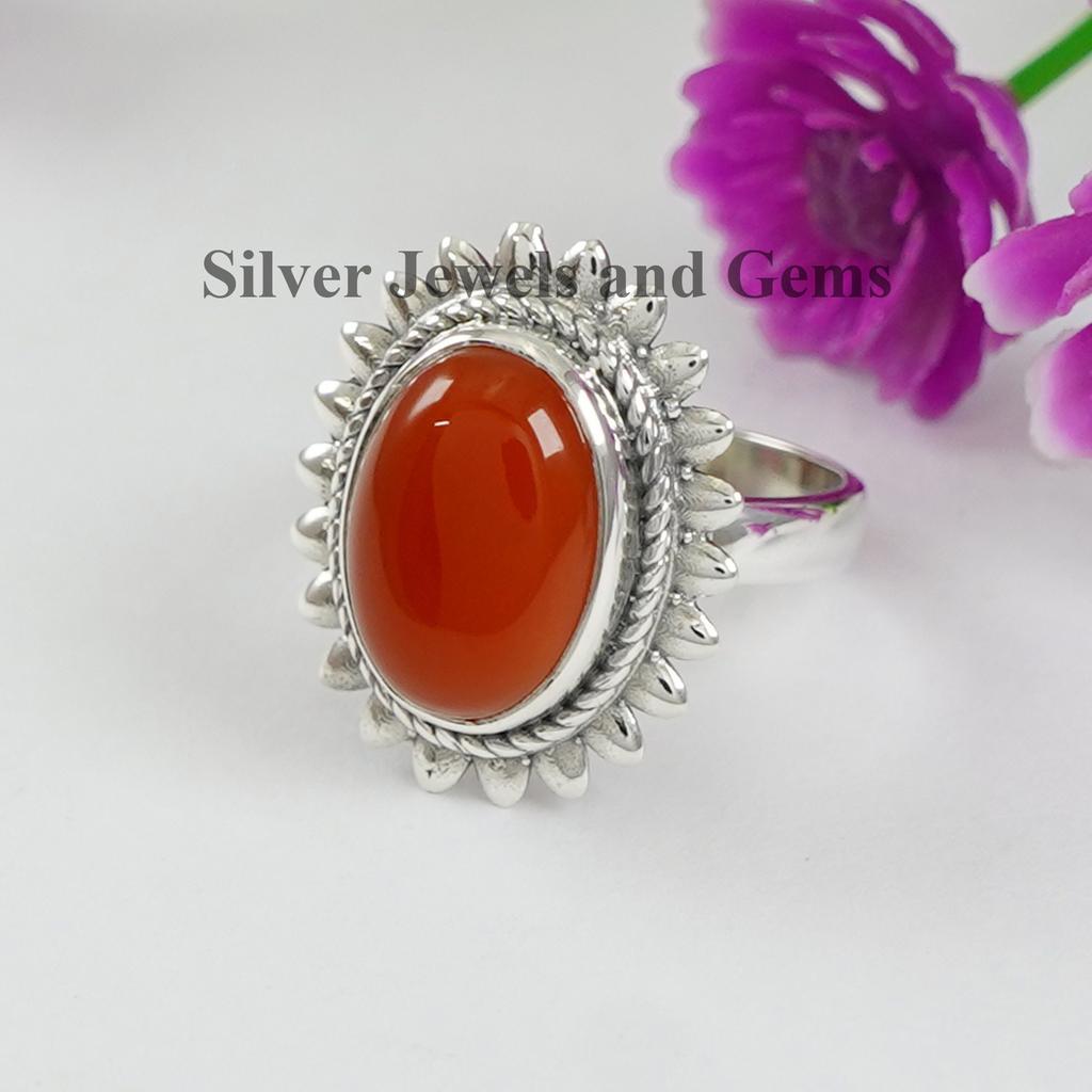 Carnelian Ring, 925 Sterling Silver Ring, Natural Gemstone Ring, Gift for Her, Anniversary Ring, Oval Sun Design Ring, Red Stone Ring