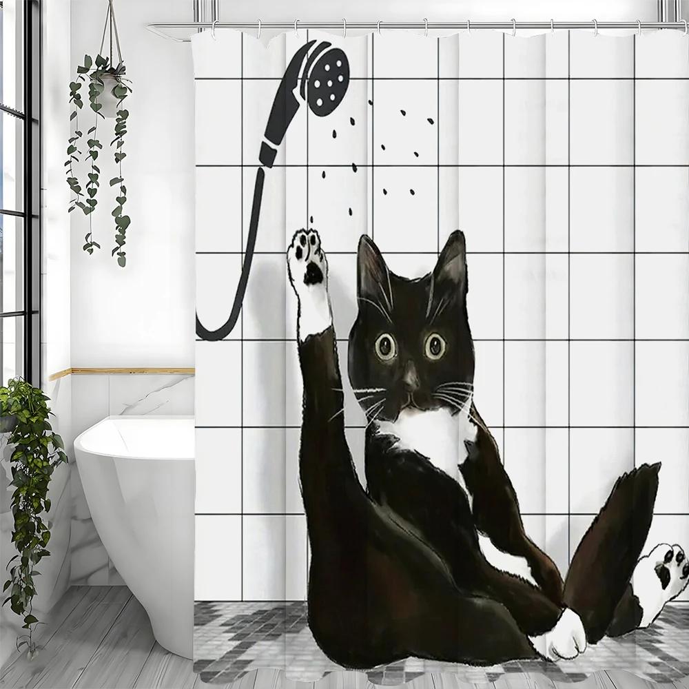 Black Cat Shower Curtain, Bathroom Decorative Shower Curtain, Waterproof Shower Curtain with Hooks