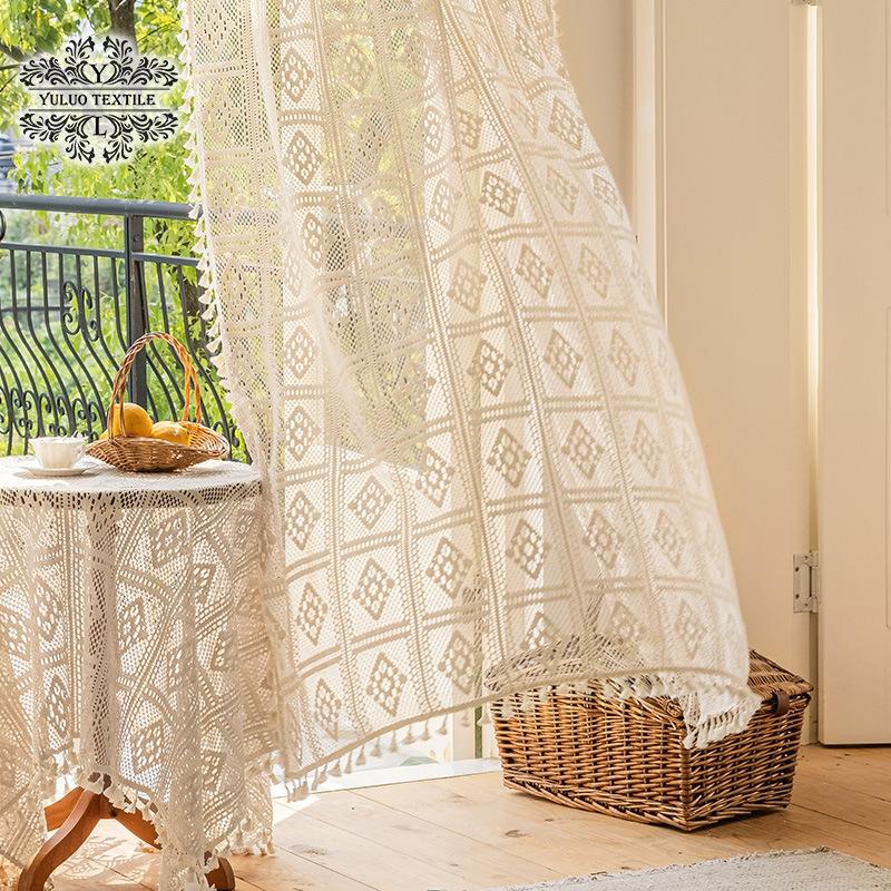 Cotton Crochet Hollow Woven Curtain American Pastoral Retro French Country Cotton Linen Lace Fringed Bedroom Gauze Curtain