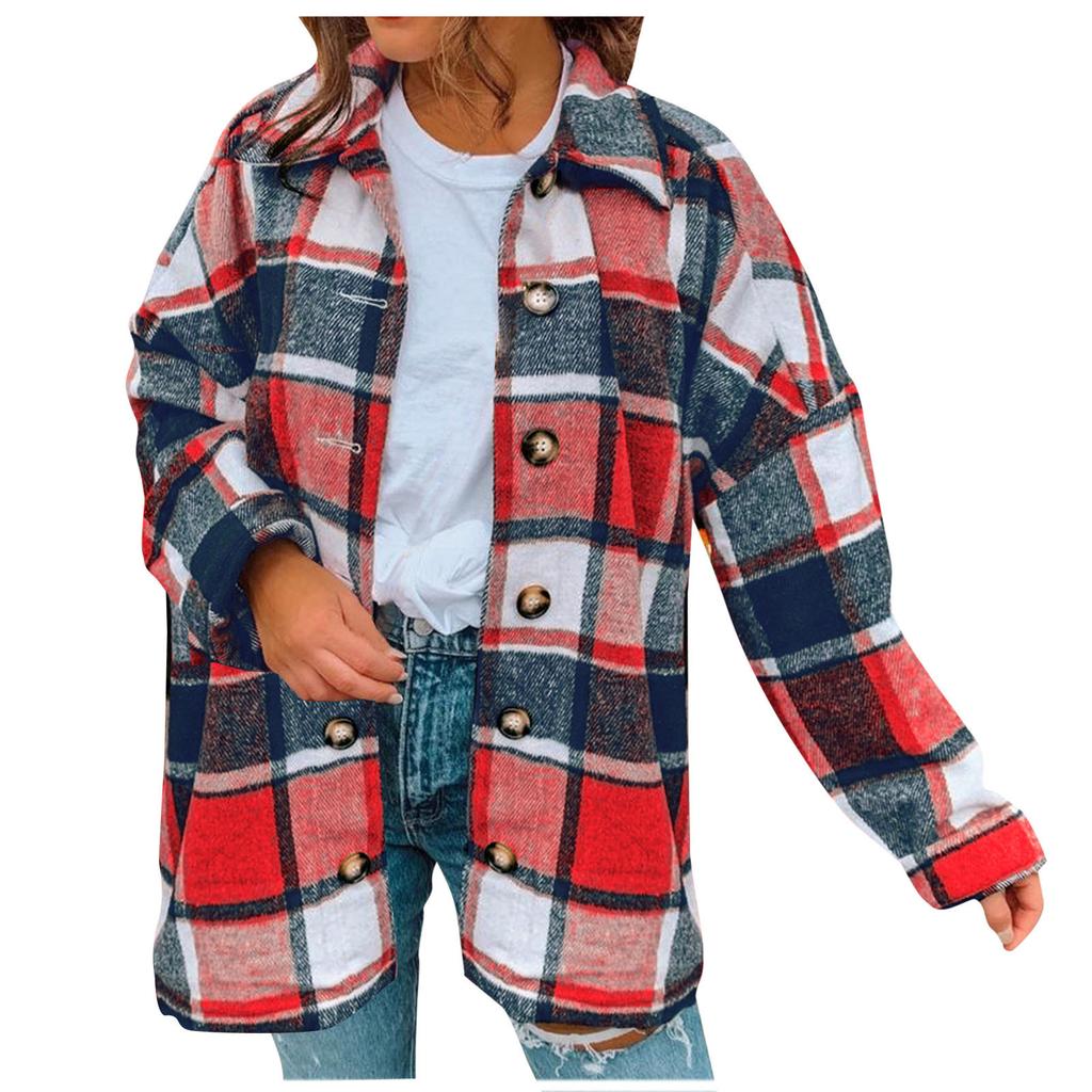 Women Fashion Lattice Lapel Button Casual Long Sleeve Loose Overcoat Coat