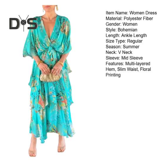 Women Dress Multi-layered Hem Lace-up Slim Waist Colorful Printing Maxi Dress Mid Sleeve V Neck Vacation Party Dress