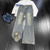 Mens Slim Straight Jeans Retro Cut Wide Leg Pants Clean Fit Streetwear