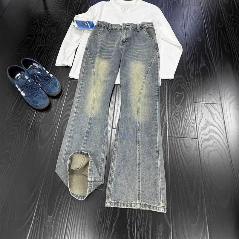 Mens Slim Straight Jeans Retro Cut Wide Leg Pants Clean Fit Streetwear