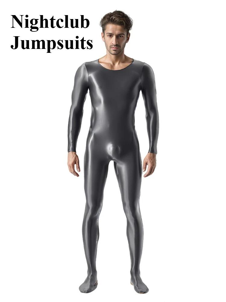 Mens Oil Glossy Bodystocking Full Bodysuit Long Sleeve Unitard Jumpsuits Stretchy Sheer Silky Romper Club Party Workout Onesie