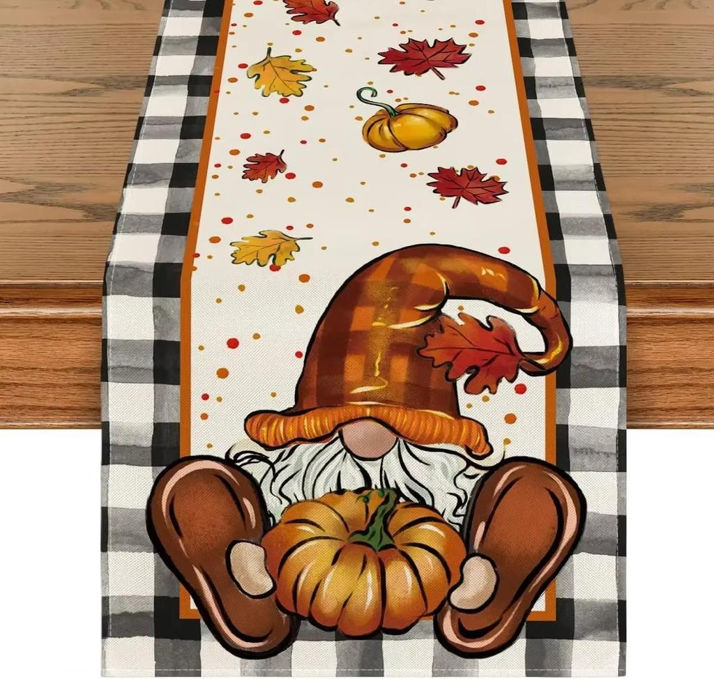 Autumn Thanksgiving Table Runner Linen Buffalo Plaid Pumpkins Mushrooms Dining Table Decoration Indoor Outdoor Tablecloth