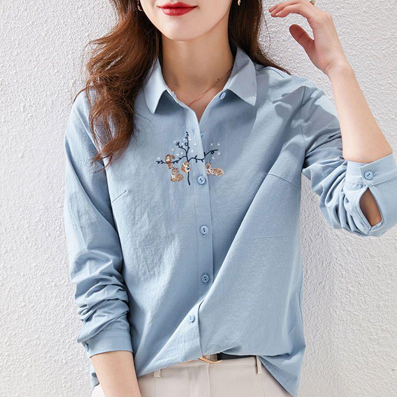 

Женская рубашка из чистого хлопка с вышивкой, с длинным рукавом, универсальная мода для весны 2025 M синий