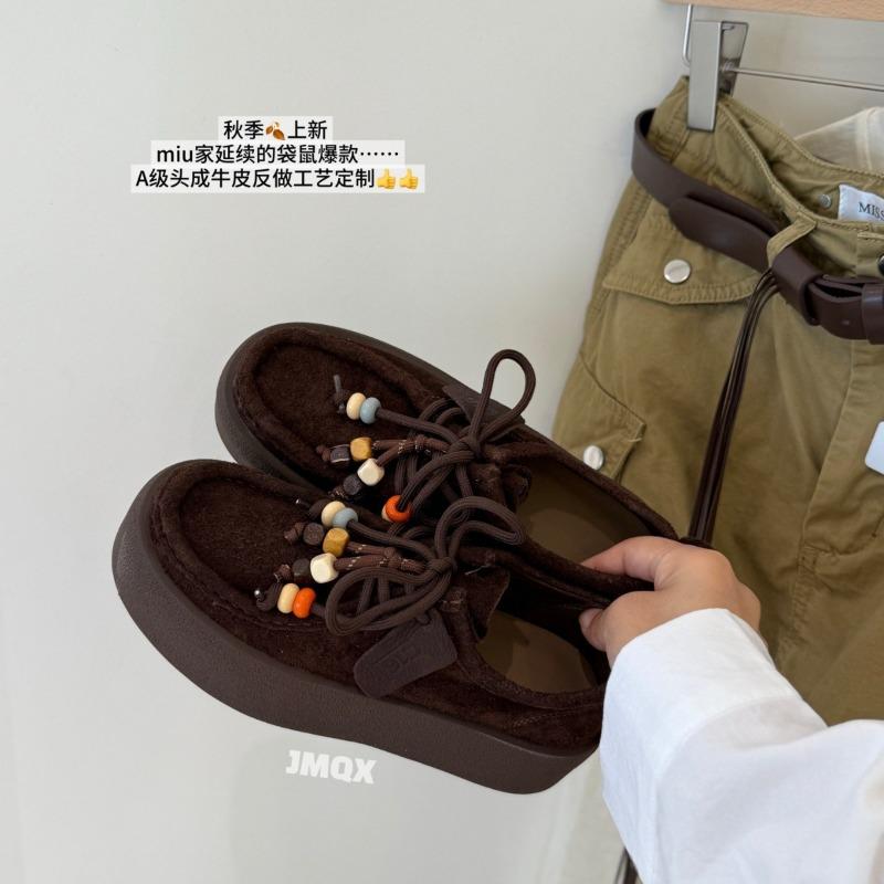 Retro beaded women's autumn new lace-up loafers, thick-soled heightening Boken kangaroo shoes