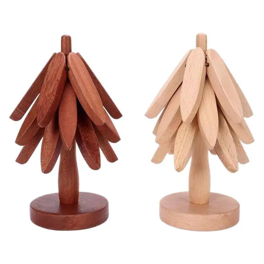 Hot Dish Wooden Tripod Decoration Foldable Tree Stand Anti-scalding Heat-resistant Table Mat Wooden Placemat Basin Kitchen Tool