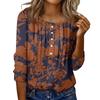 Women's Round Neck Pull Stripe Decorative Button Top Casual Solid Color 3/4 Sleeve T Shirt