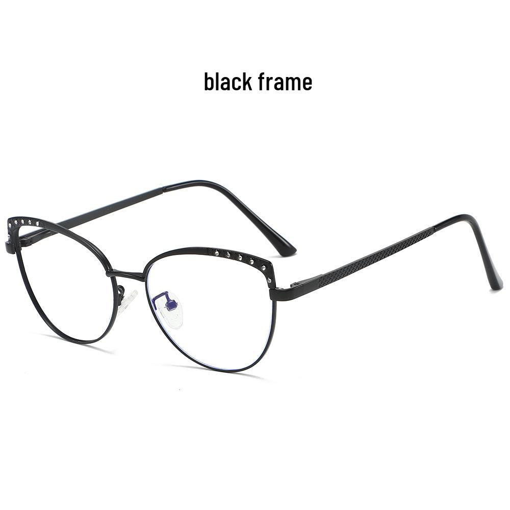Color-Changing Anti-Blue Light Cat Eye Glasses with Rhinestones and Myopia-Compatible Flat Lenses