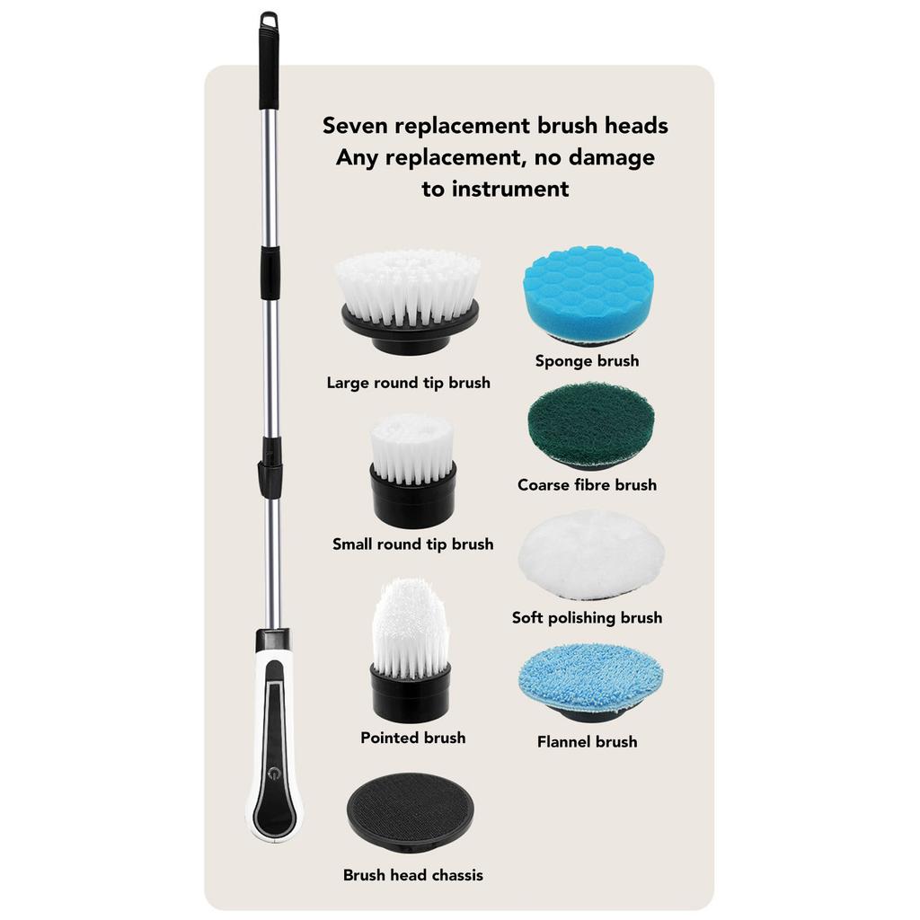 Electric Spin Scrubber Cordless Multifunction Retractable Handle Bathroom Tub Tile Shower Powerful Cleaning with 7 Heads