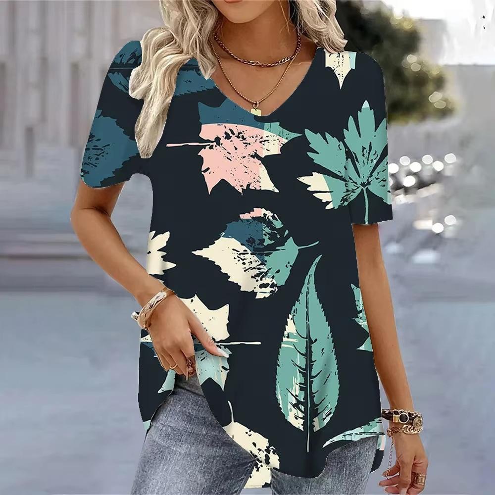Casual Versatile Plant Pattern Short Sleeve V-Neck T-Shirts Women’s