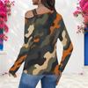 Women Plus Size Camouflage Printed Asymmetric Cutout Neck Cold Shoulder Long Sleeve Fitted Top