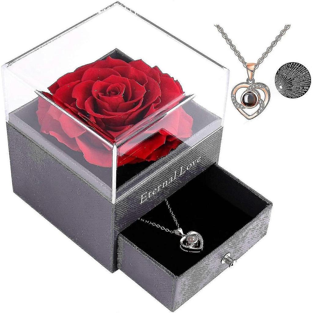 Preserved Real Rose With Love You Necklace In 100 Languages Gift Set
