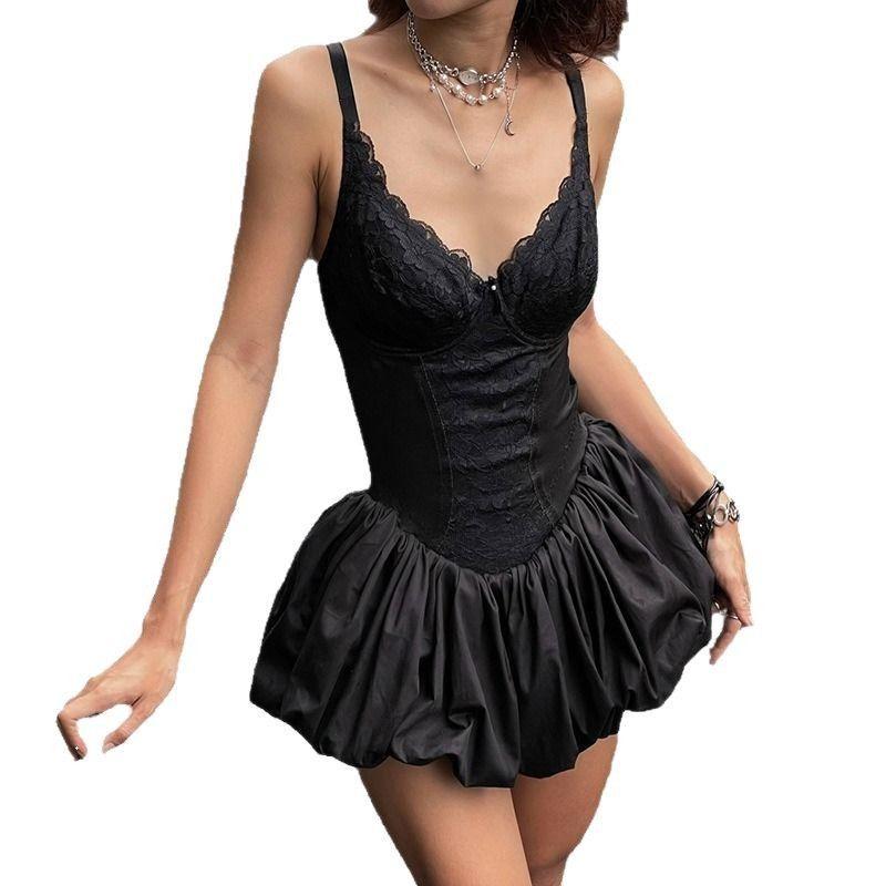 

Women s Style Elegant Slim Lace Stitching Puff Short Skirt Waist-Tight Slim Looking Sling Dress Sexy Style Black S