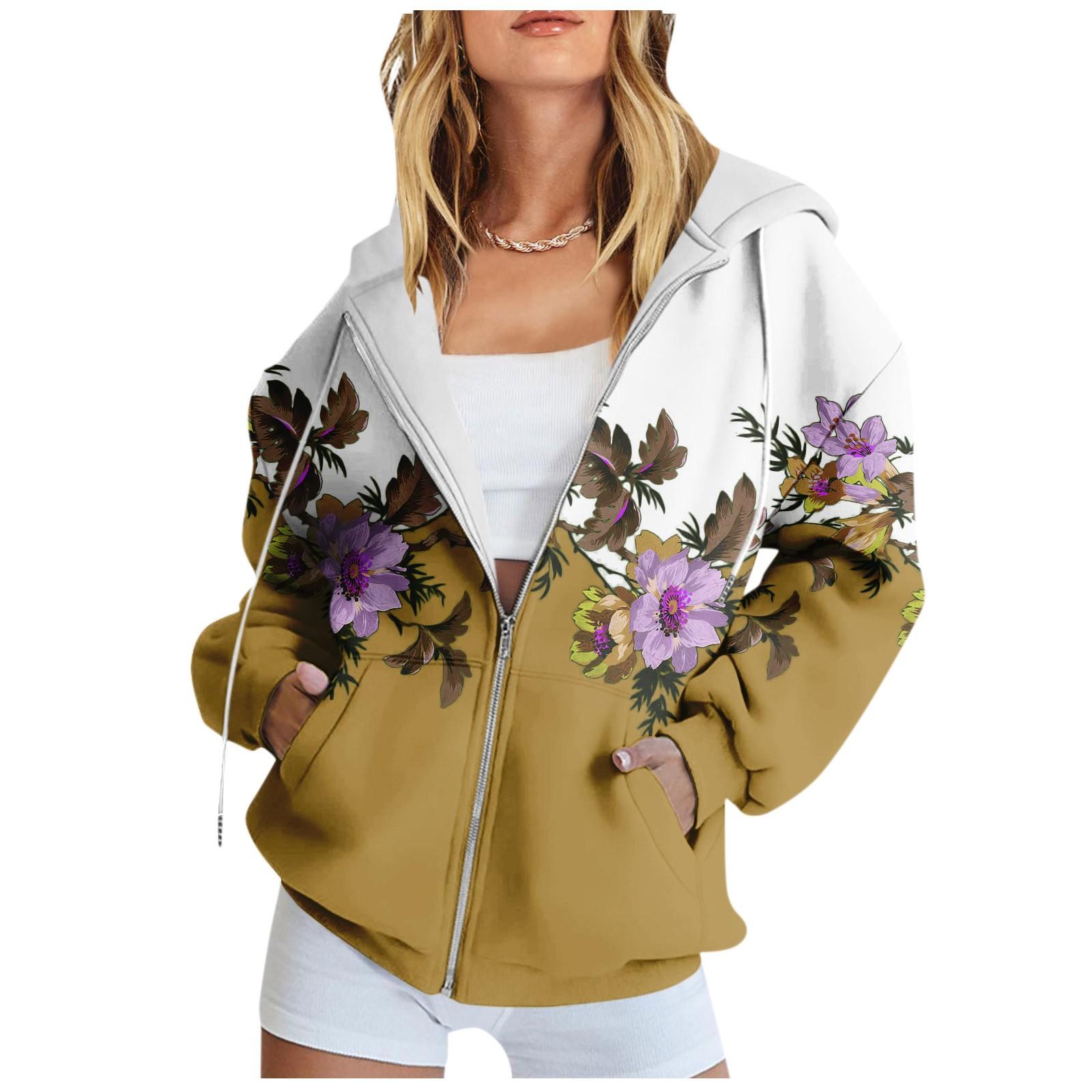 

Женская толстовка с длинным рукавом и цветочным принтом, куртка с карманом и длинными рукавами, пальто с капюшоном на молнии XXL жёлтый