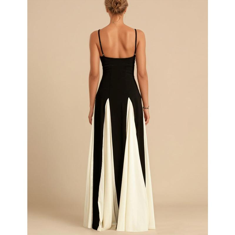 Women's Black White Color Block Maxi Dress Spaghetti Strap Sleeveless Fit and Flare Elegant Long Dress