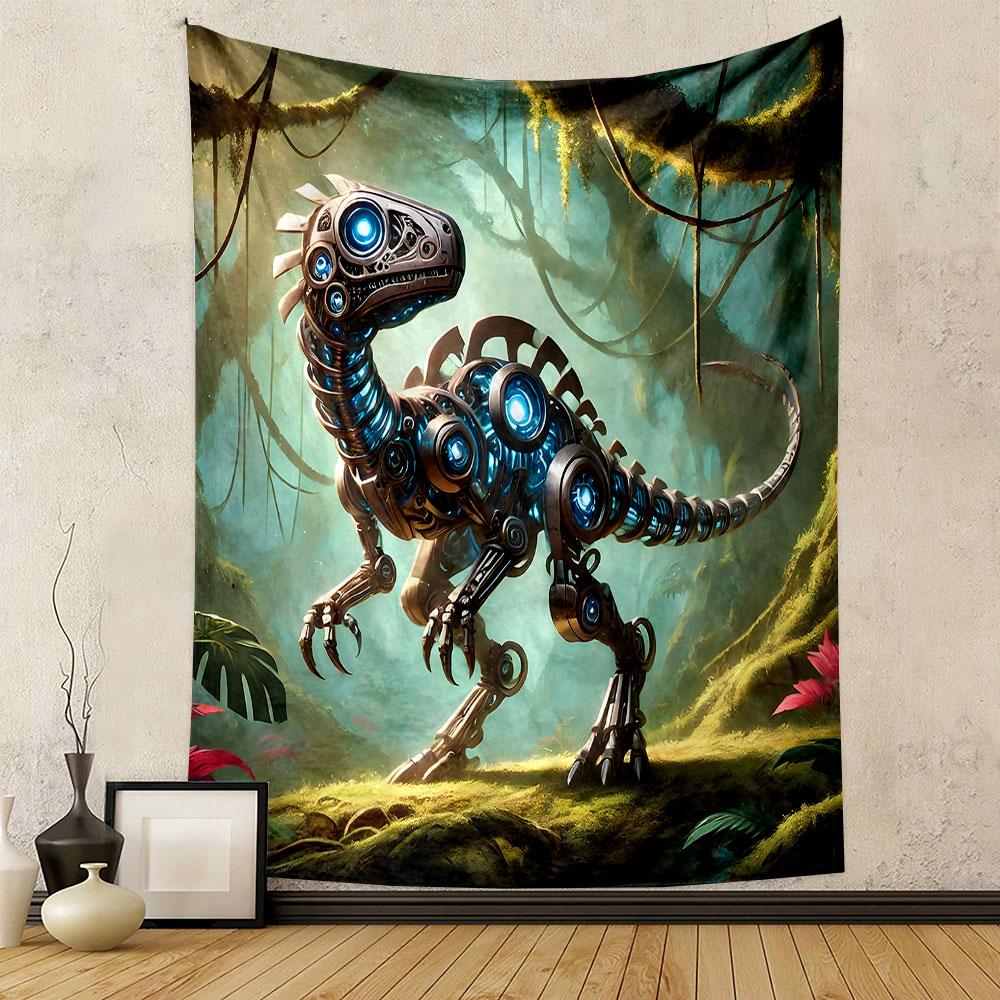 "Cybernetic Dinosaur In Jungle Scene" Patterned Tapestry Home Decor, Suitable for Bedroom and Living Room, Gift