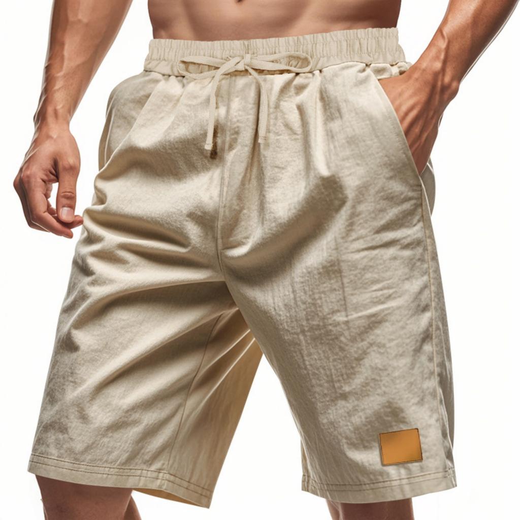 Men's Lightweight Linen Shorts Breathable Loose Fit Casual Beach Athletic Drawstring Waist with Patch Pocket