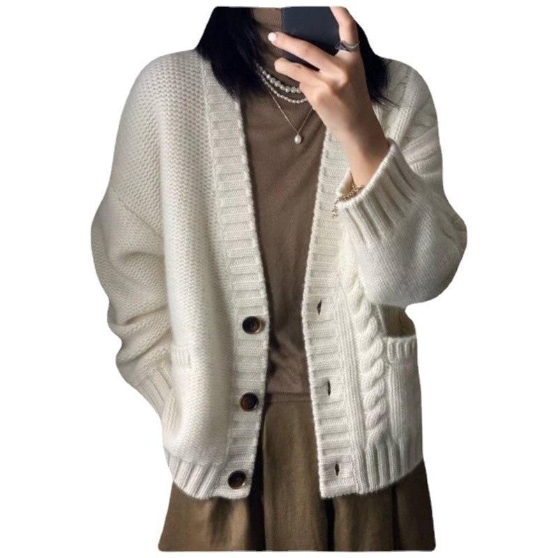 Korean Retro V-Neck Cable Knit Cardigan for Women - Loose-Fit with Pockets, Perfect for Autumn/Winter