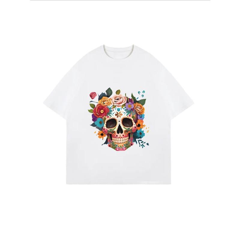 White Oversized T Shirt With Colorful Sugar Skull And Flowers Print For Casual Wear