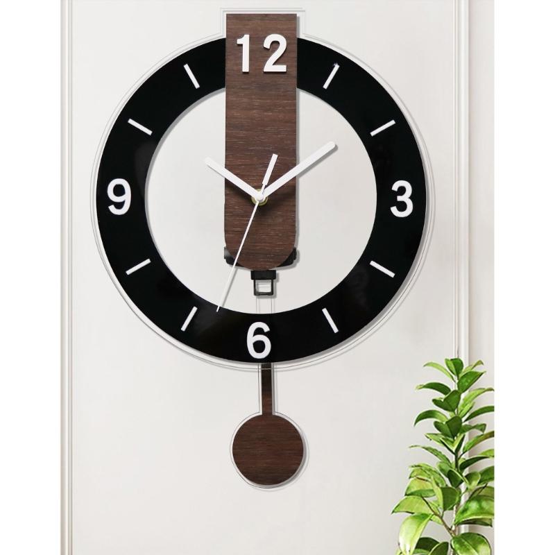 Noiseless Quiet Wall Clock Wooden Grains Acrylic Aesthetic Arabic Numerals Indoor Hanging Swing Clock with Pendulum