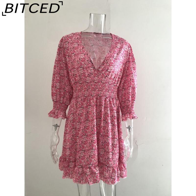 BITCED Summer Floral Print Mini Dresses Women Vintage Sexy A-Line V-Neck Half Sleeve Party Dress Female Casual Elegant Beach Dress