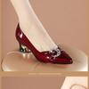 Women's Chunky Heel Pumps, New Spring/Fall Collection, Red Pointed-Toe Leather Shoes, Plus Size Mid-Heel Soft Leather Women's Shoes