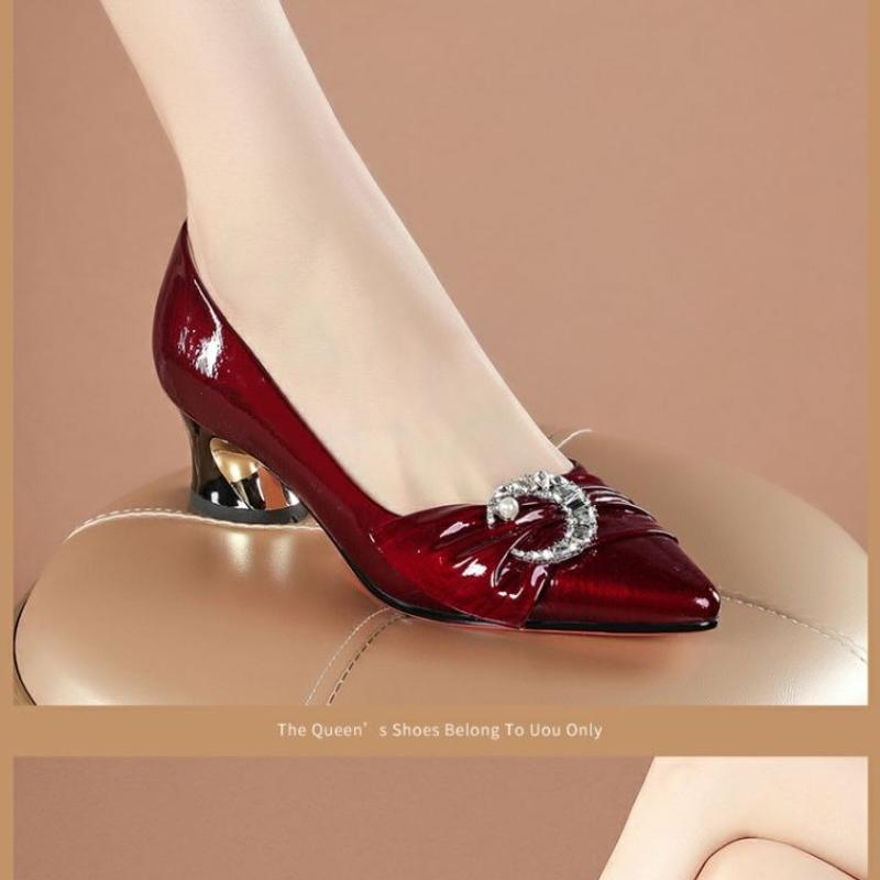 Women's Chunky Heel Pumps, New Spring/Fall Collection, Red Pointed-Toe Leather Shoes, Plus Size Mid-Heel Soft Leather Women's Shoes