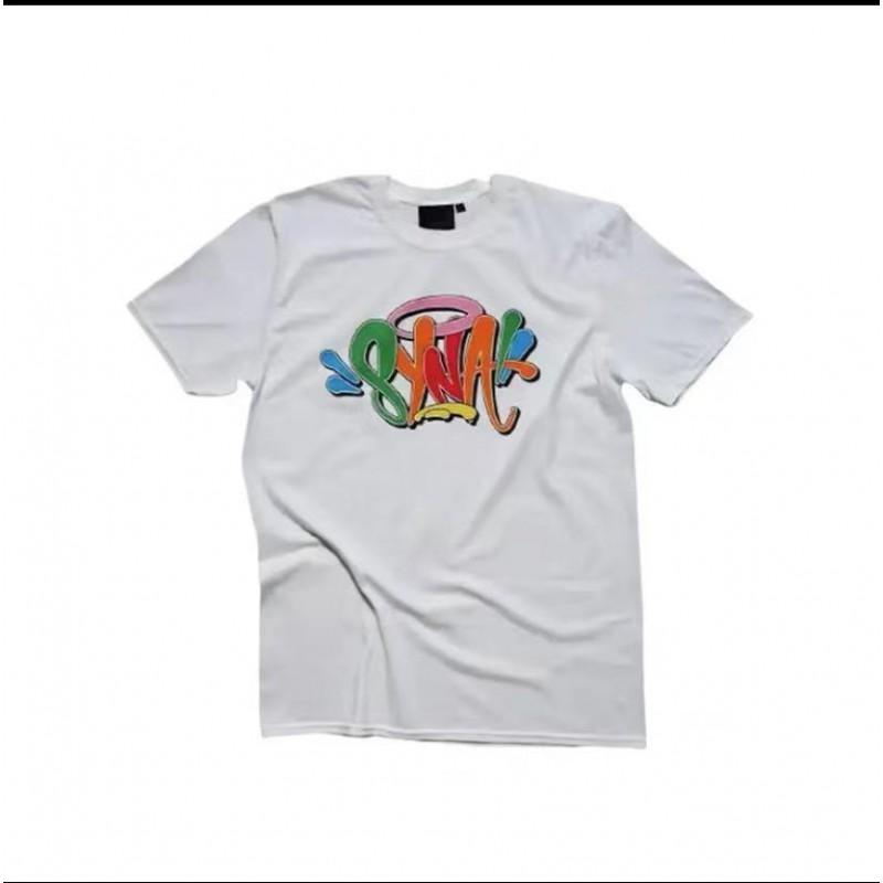 Syna Letter Print Crew Neck Short Sleeve T-Shirt Couples High Street Fashion Casual Top