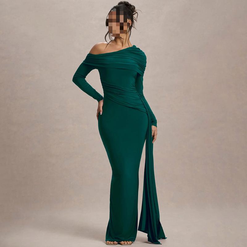 European and American sloping collar long sleeved fashionable temperament solid color pleated high waisted long dress