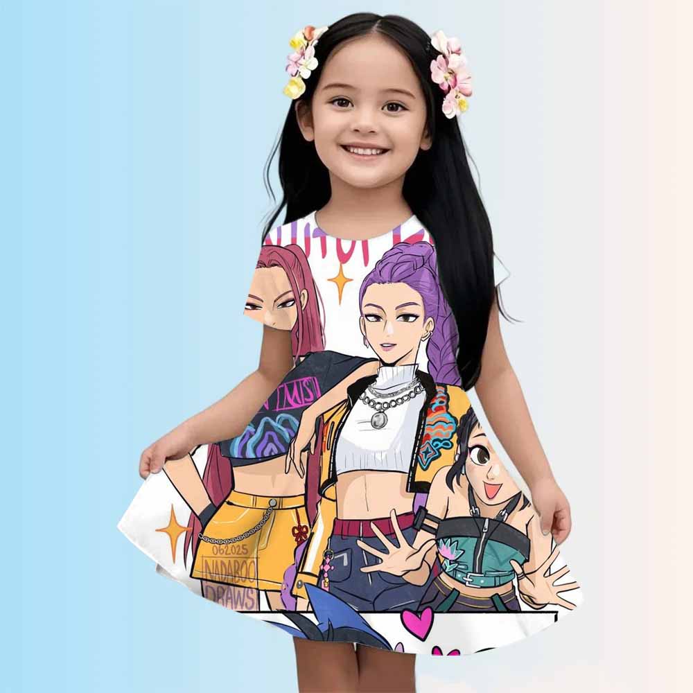 Girl Dress KPop Demon Hunters Summer 2025 Mini Short sleeved Dress Princess 3D Printed Cute Children's Clothing Party Top