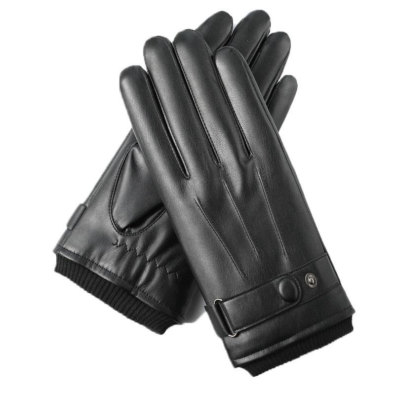 Men Winter Full Finger Gloves PU Leather Protection Riding Gloves Non-slip Touch Screen Gloves Adjustable Button for Outdoor