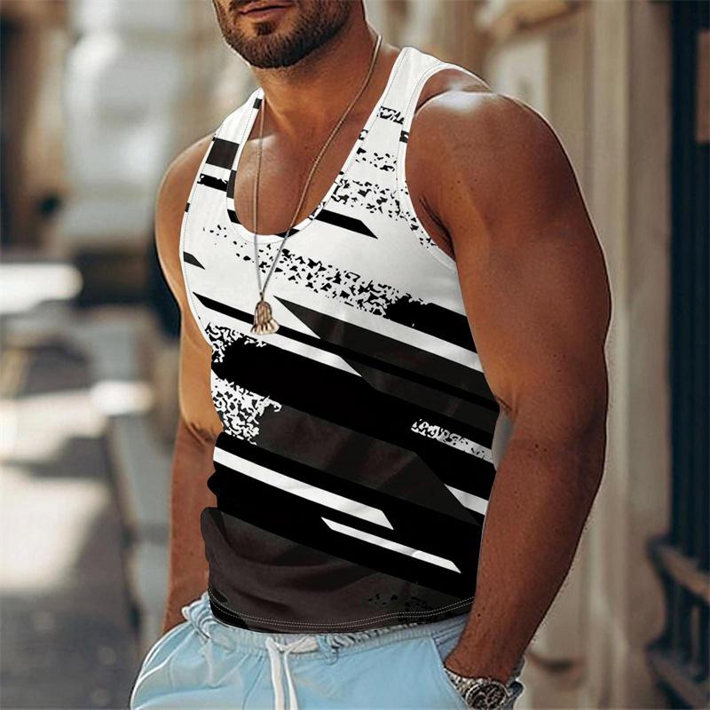 Men's Graffiti Striped Print Vest Classic Fashion Basketball Vest Summer Fitness Sports Breathable T-Shirt