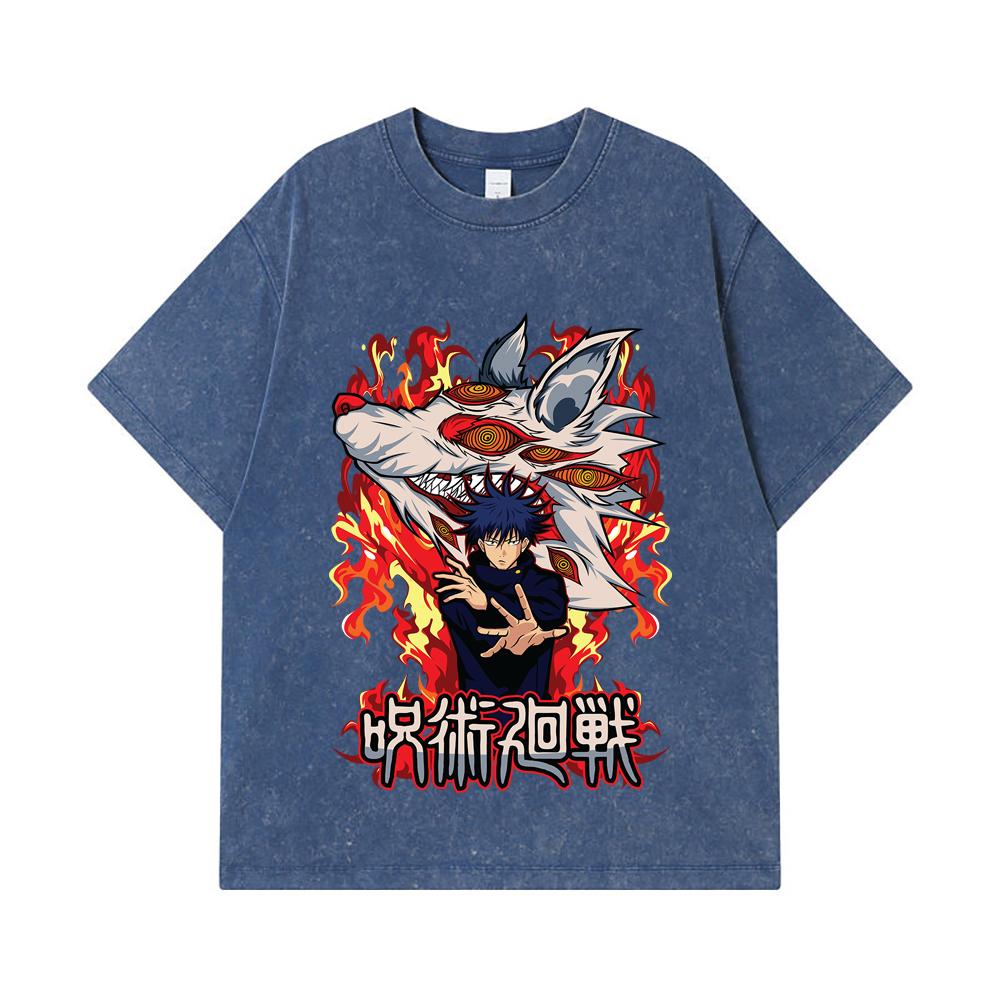

275 GSM Washed T-shirts 100% Cotton Jujutsu Kaisen V7 Megumi Print Unisex Heavy Cotton T Shirt 2XL королівський синій колір