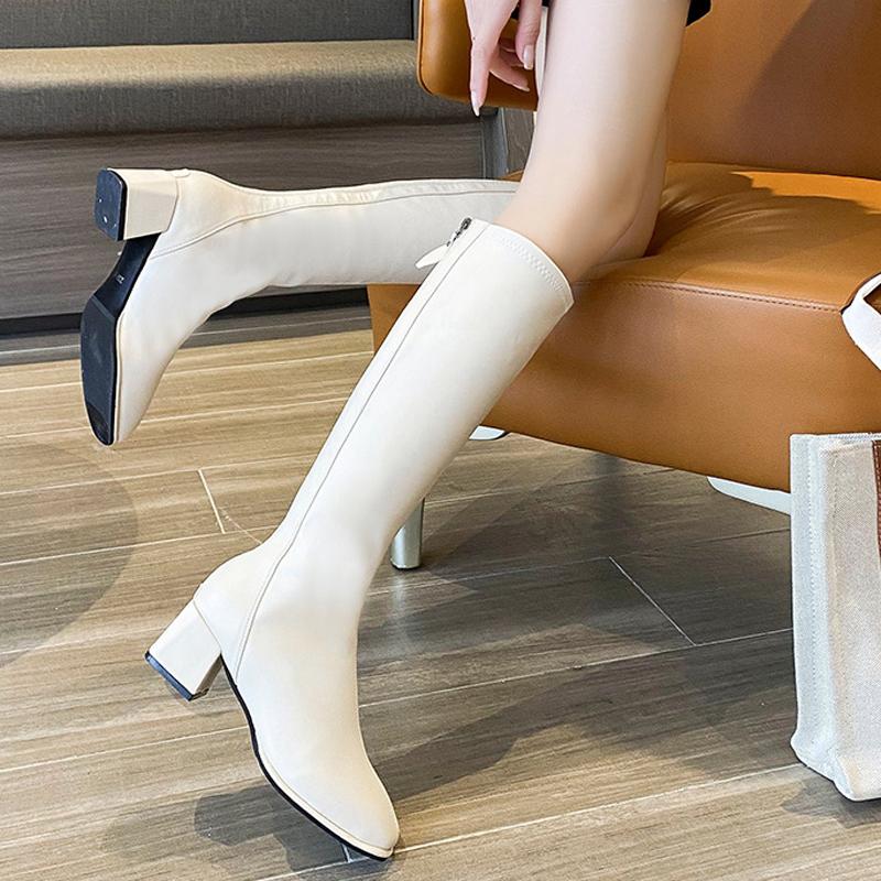 Knee High Boots Women Fleece Chunky High Heels Back Zipper Thigh High Boots PU Leather Shoes Fashion Winter Long Boots