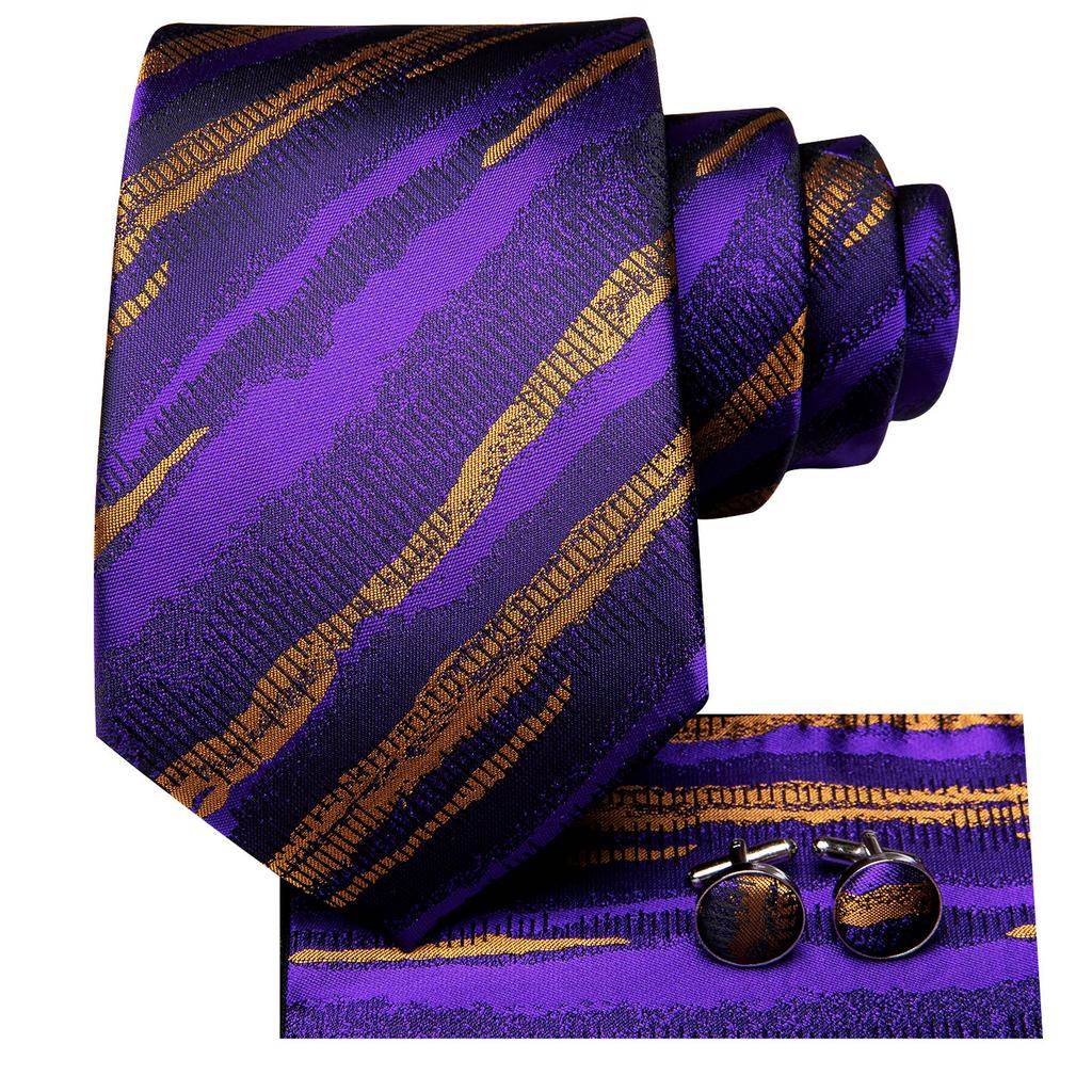 Hi-Tie Fashion Mens Striped Necktie Purple Tie Hanky Cufflinks for Wedding Business Party