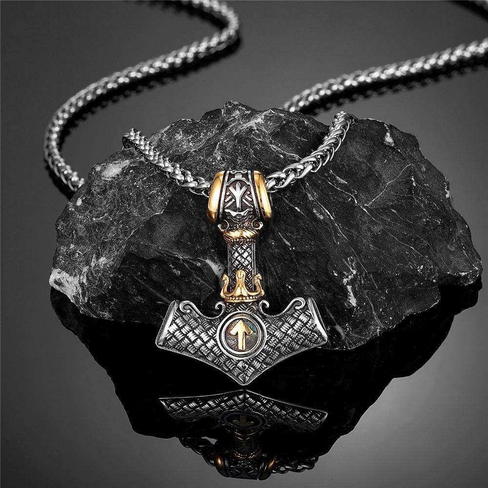 Vikings Crown Thor's Hammer Necklaces Men Stainless Steel Norse Mythology Runes Valknut Pendant Amulet Scandinavian Male Jewelry