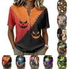 Women's Halloween Pattern Henley Button Neck Short Sleeve Shirt Cotton Linen Blend Casual Top for Seasonal Wear