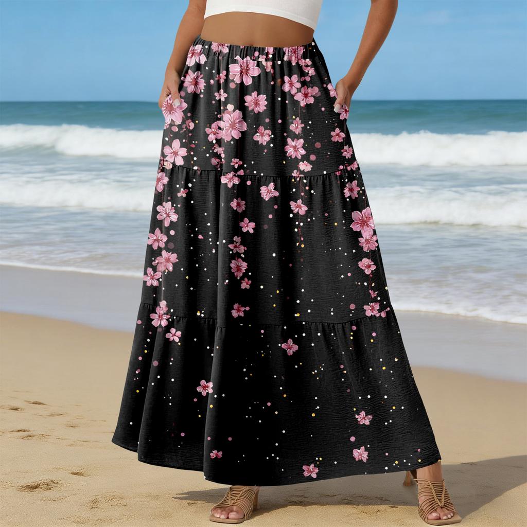 Women's Casual High Waist Drawstring A-line Skirt Color Skirt With Pockets
