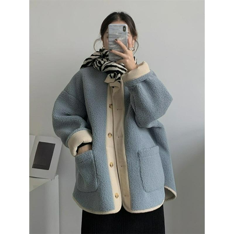 Dámský zimní kabát z jehněčí vlny, malý volný, tlustý kožíšek, jeden semišový fleece střední délky