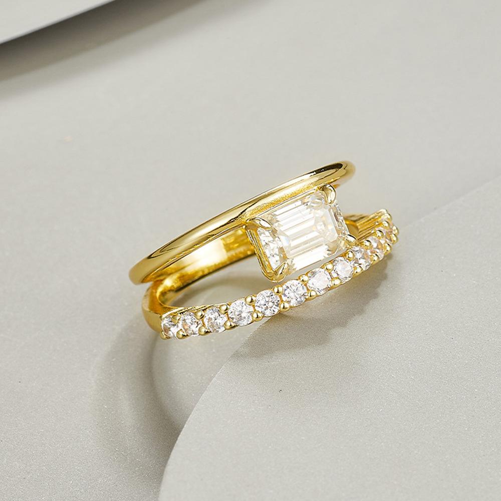 5x7mm Emerald Cut Moissanite Double Layer Rings for Women Copper18K Gold Plated Party Ring Wedding Bands Jewelry