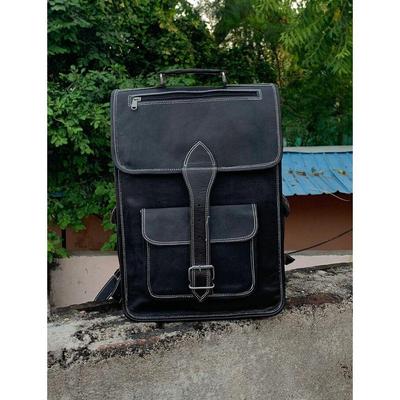 Svart handgjorda getläder Resor Casual Laptop Messenger Ryggsäck Axelväska