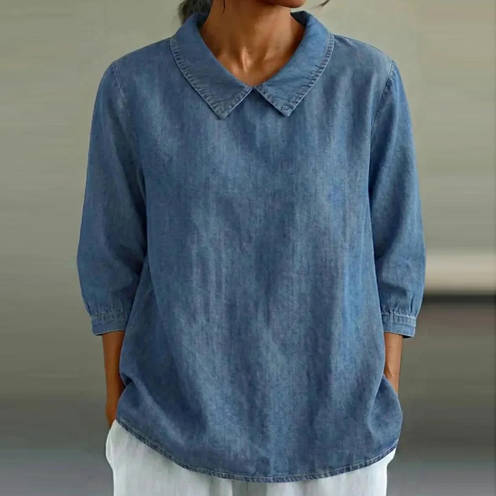 Женская цветная свободная рубашка с расклешенным воротником Женский повседневный джинсовый топ с рукавом три четверти M синий